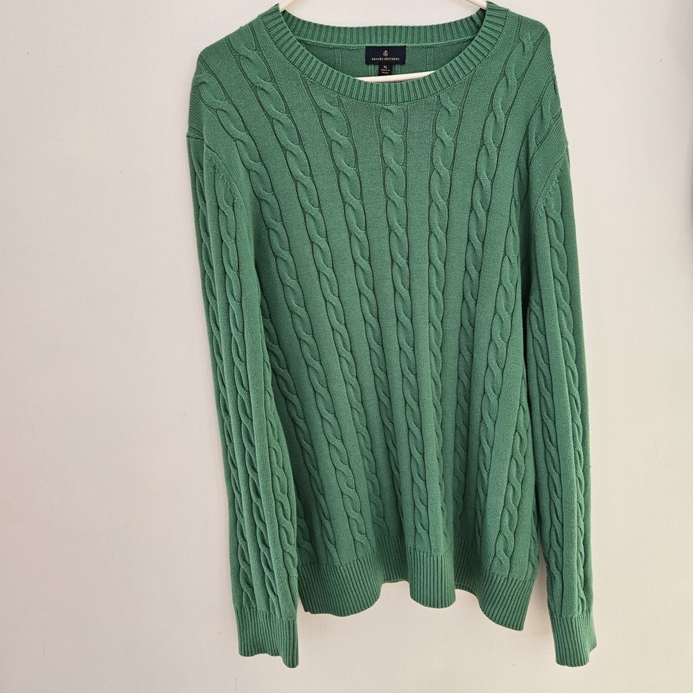 Brooks Brothers Kelly Green Sweater Men XL Cable Knit Combed Cotton‎ Old Money